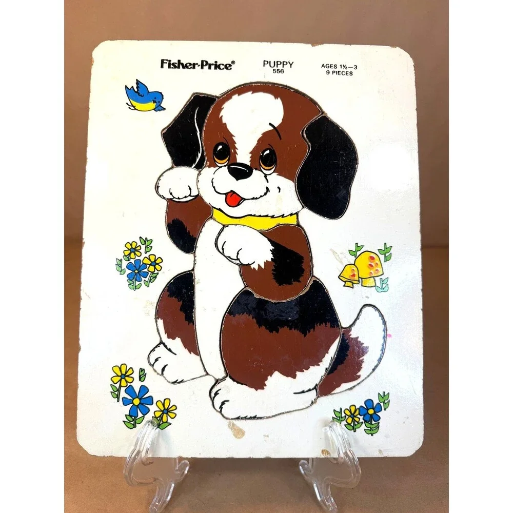 Vintage Fisher-Price Puppy Puzzle 556 Wood Frame Tray 9 Pieces 1970s Toy Rare